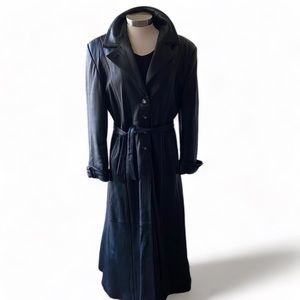 Vintage Fitted Black Leather Maxi Coat with Quilted Lining
